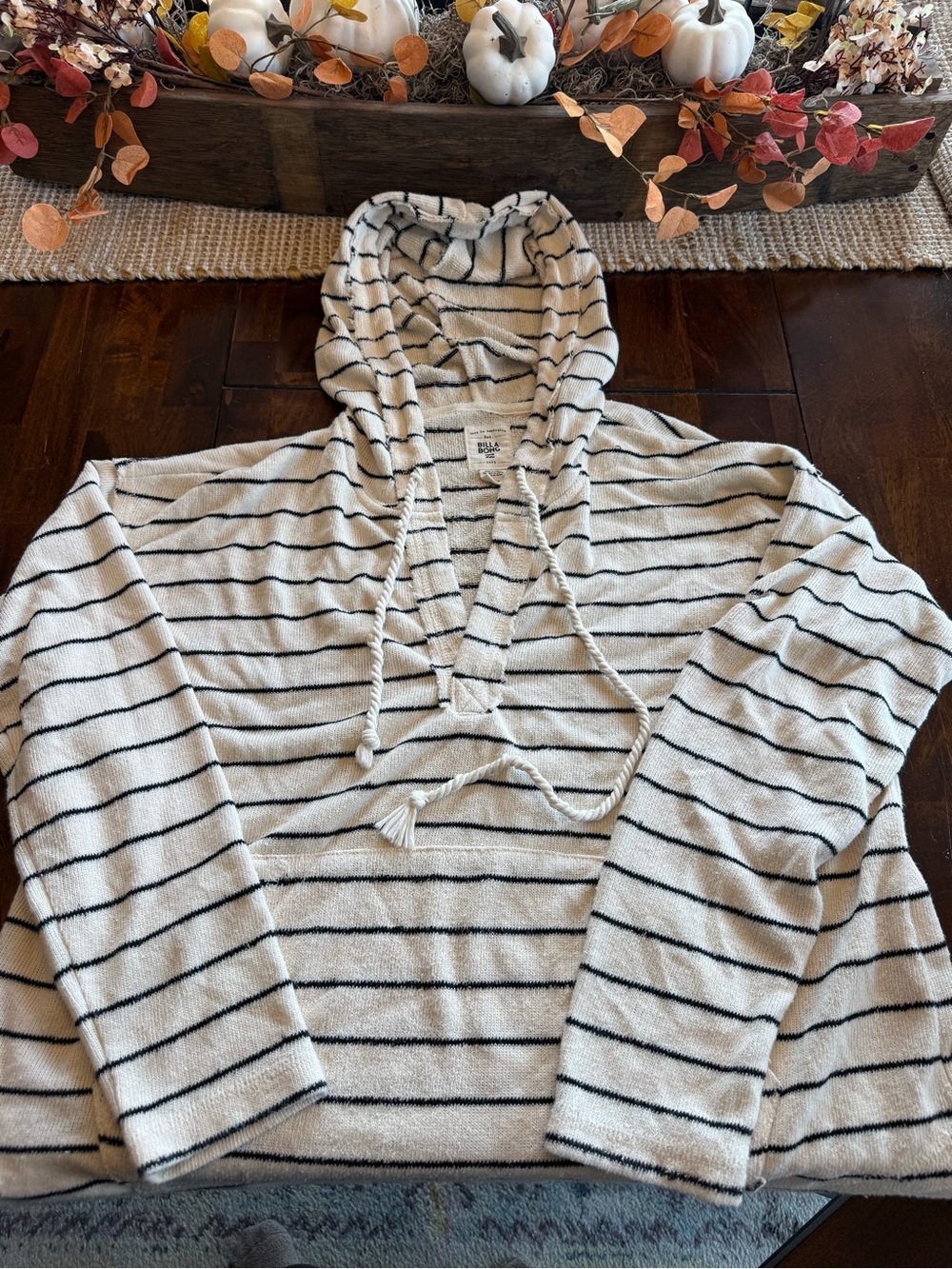 Cozy Hooded Stripe Women's Sweater - Cream and Black Billabong brand